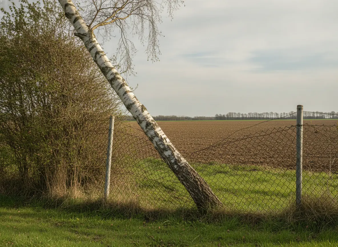 Bouleau penché appuyé sur une clôture grillagée en bord de champ près de Beauvais, avant abattage