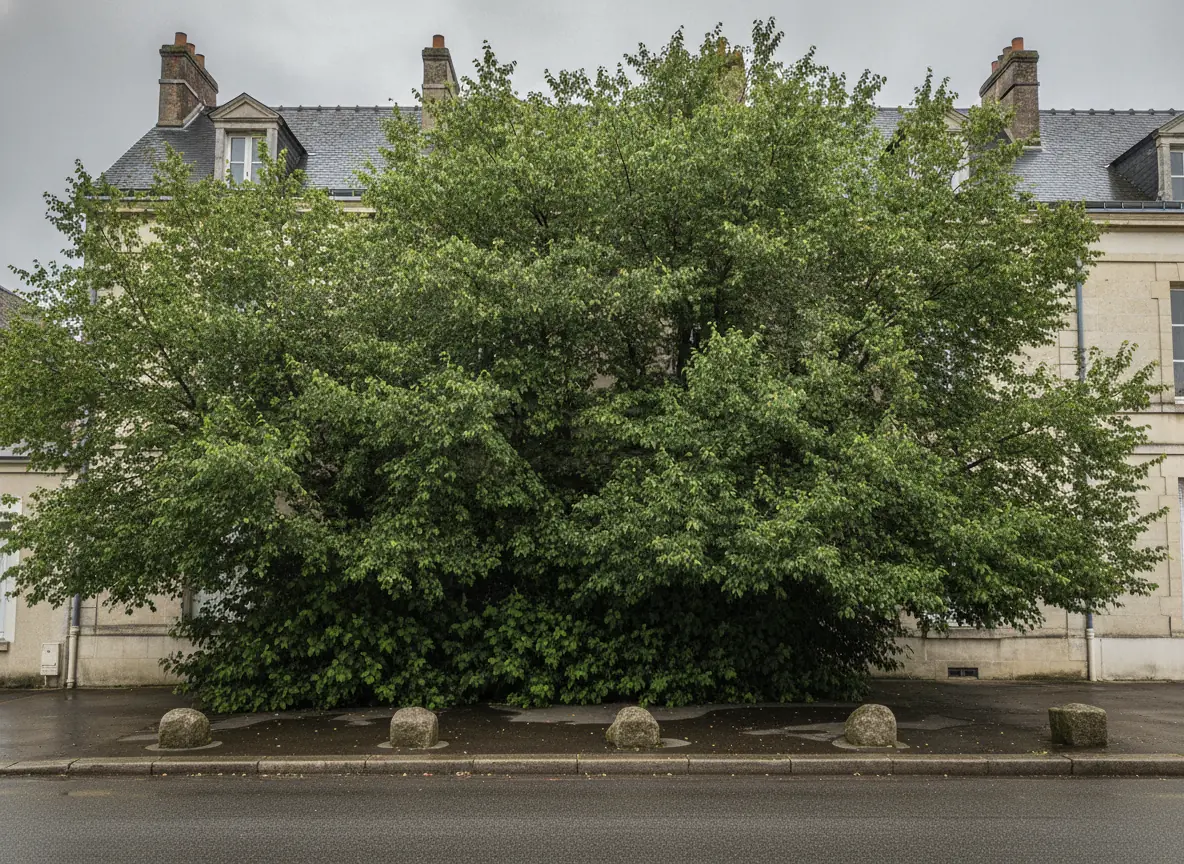 Tilleul dense et volumineux masquant la façade d'une maison de ville en pierre près du centre ancien de Beauvais, avant élagage