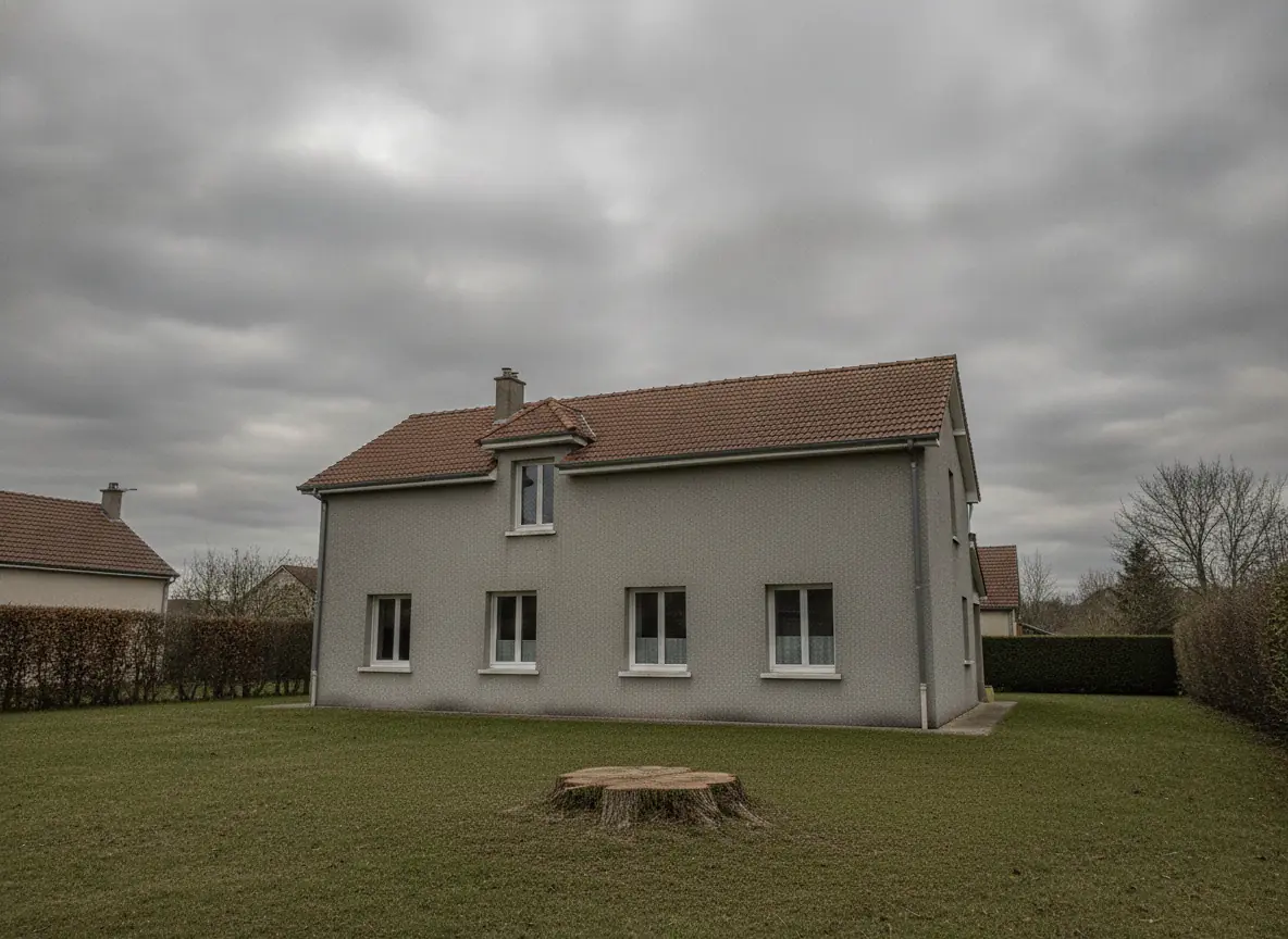 Pavillon dégagé et sécurisé après démontage de l'arbre fendu à Beauvais, souche basse restante sur la pelouse