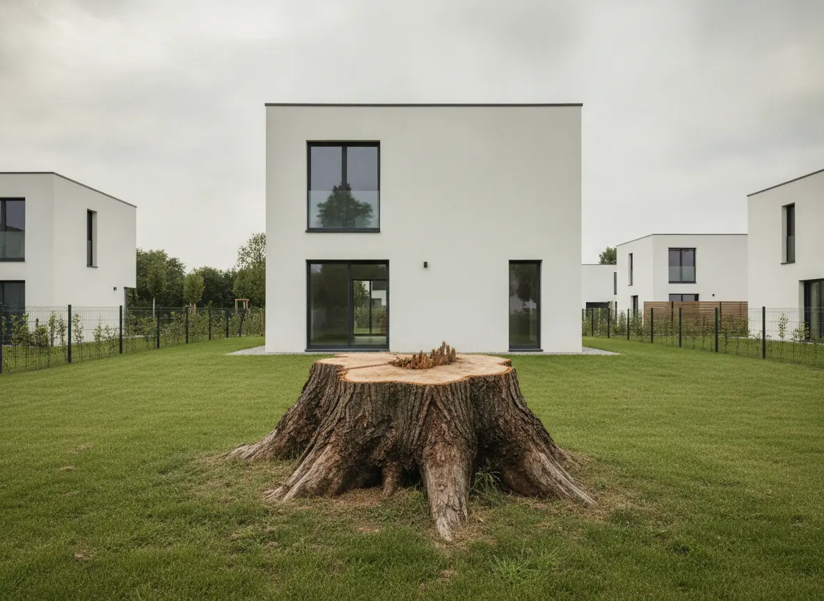 Grosse souche d'arbre au milieu de la pelouse d'une maison contemporaine en résidence à Beauvais, avant dessouchage