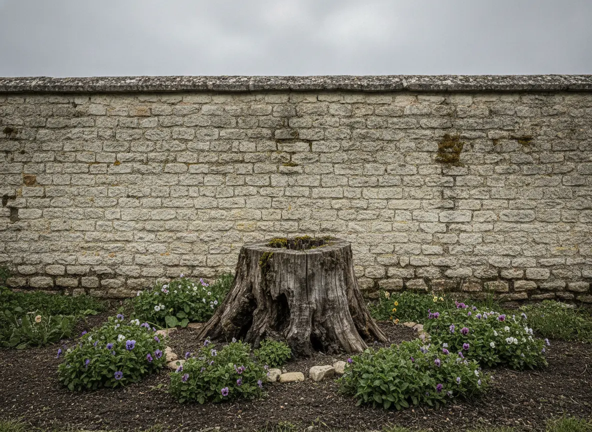 Souche dans un massif de fleurs contre un mur en pierre calcaire près de Beauvais, avant rognage
