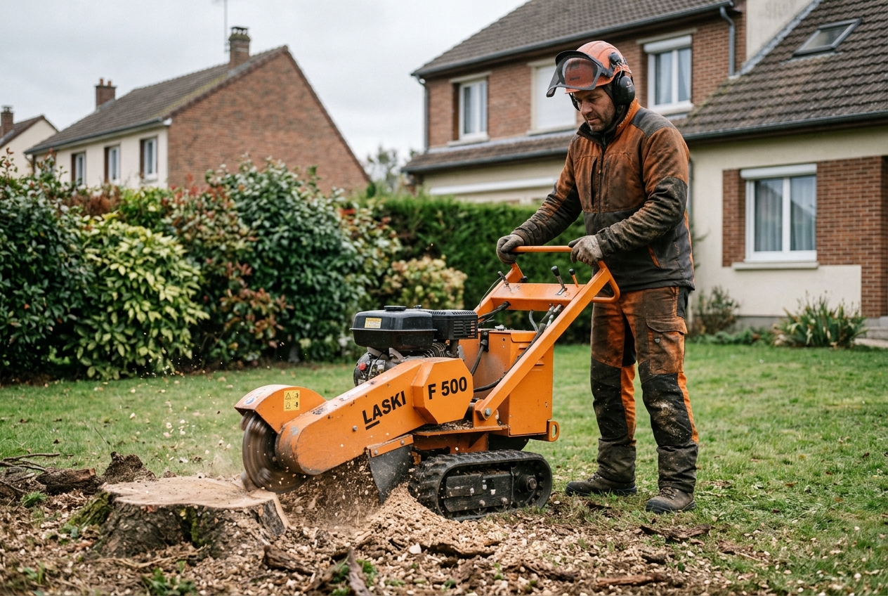 Rognage de souche dans un jardin à Beauvais