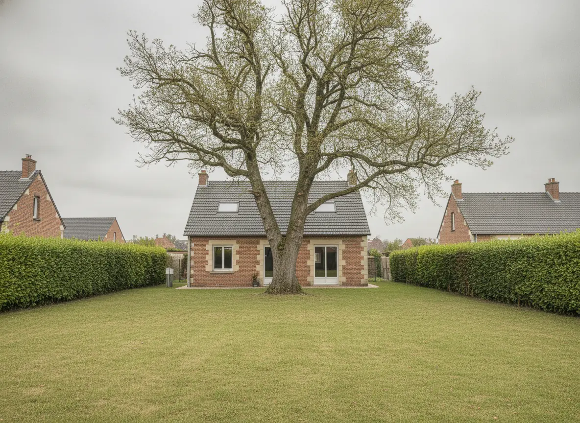Chêne éclairci et toiture dégagée après élagage doux à Beauvais, houppier allégé et jardin propre