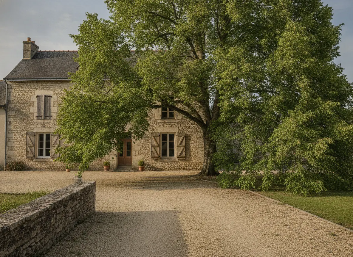 Érable relevé après élagage près de Beauvais, passage sous la couronne dégagé et allée gravillonnée libre