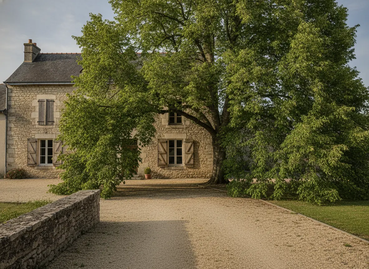 Érable aux branches basses gênant le passage sur une allée gravillonnée devant une maison en pierre près de Beauvais, avant relevé de couronne