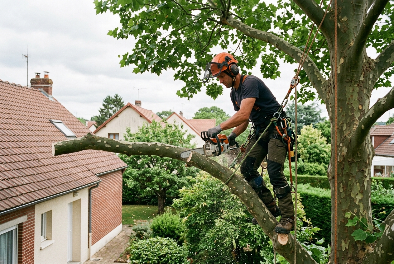 Élagueur taillant un arbre en centre-ville de Beauvais