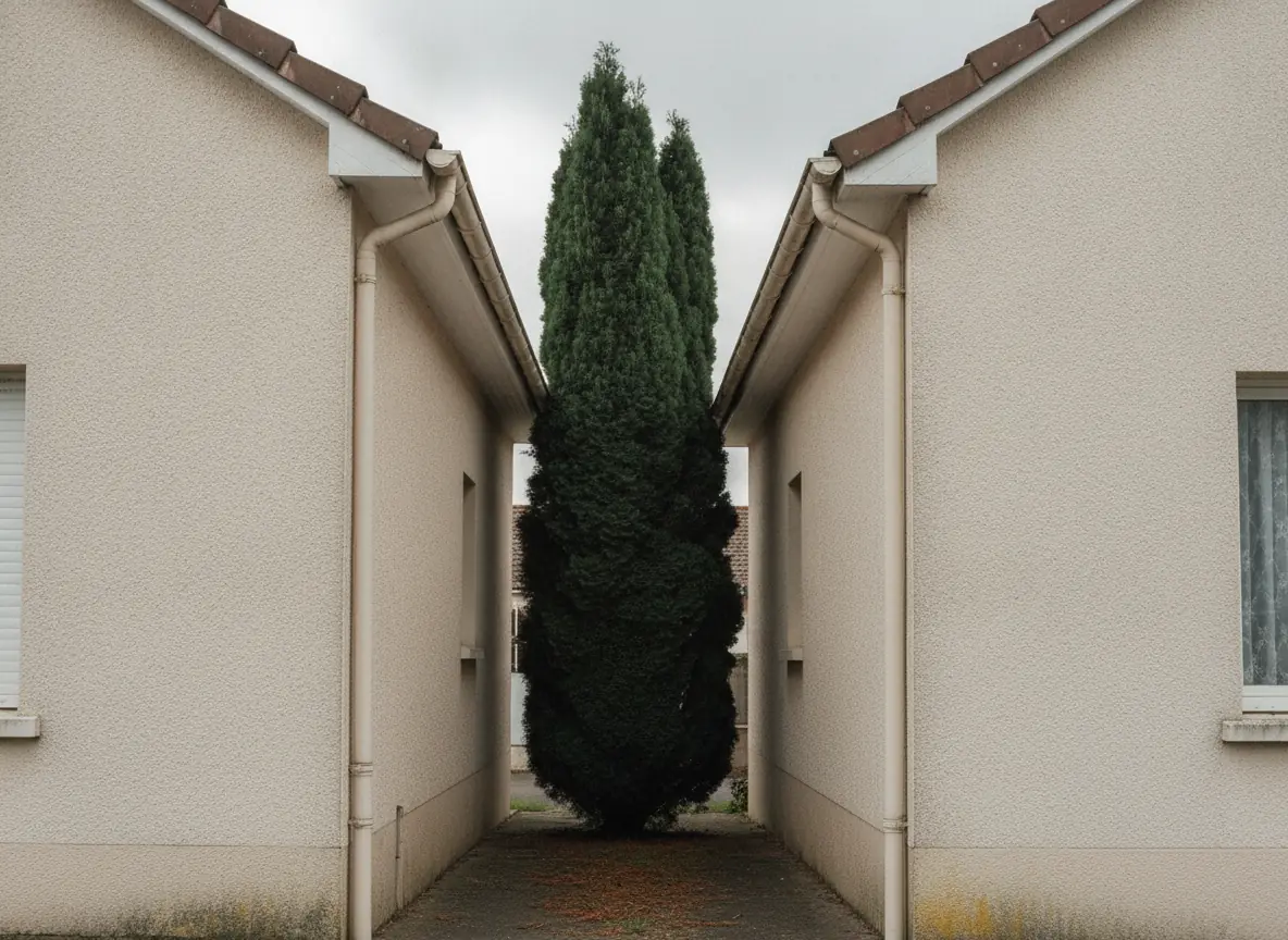 Grand cyprès étroit coincé dans un passage entre deux pavillons enduits à Beauvais, avant démontage
