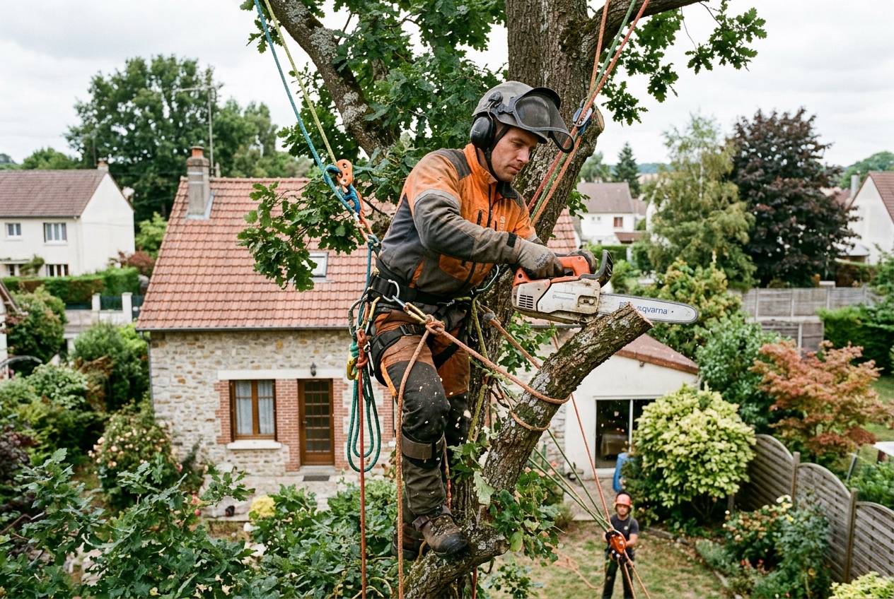 Élagueur grimpeur travaillant dans un arbre à Bresles