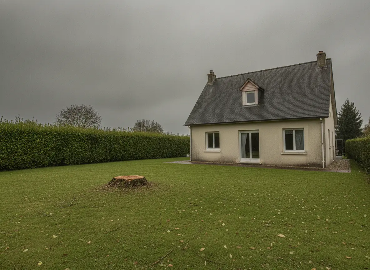 Jardin sécurisé après retrait de l'arbre fendu à Beauvais, souche seule et maison hors de danger