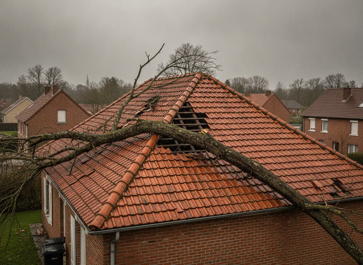 Grosse branche cassée tombée en travers d'une toiture en tuiles percée sur une maison en brique à Beauvais, avant intervention