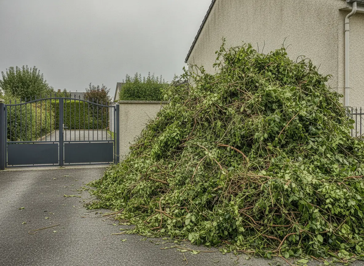 Amas de déchets verts entassé en bord d'allée devant un portail et une maison enduite à Beauvais, avant évacuation