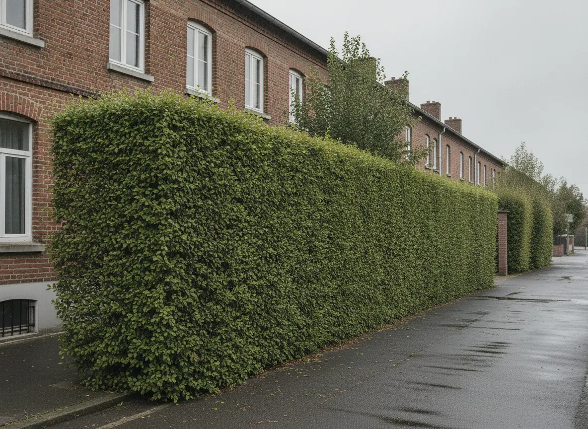 Haie taillée nette et rectangulaire libérant le trottoir à Beauvais, lignes droites après intervention